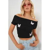 Bigdart Vlinder Applique Off-Shoulder Korte Mouwen Crop Top