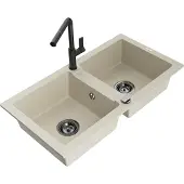 Mexen Mario granieten gootsteen 2-kamer met keukenmengkraan Flora, beige - 6504-69-670401-70-B
