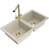 Mexen Mario granieten spoelbak 2-kamer met keukenkraan Duero, beige - 6504-69-671600-50
