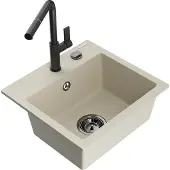 Mexen Milo granieten gootsteen 1-kompartiment met keukenmengkraan Flora, beige - 6505-69-670401-70-B