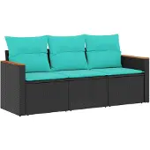 vidaXL 3-delige loungeset voor de tuin met kussens, zwart kunststof vlechtwerk