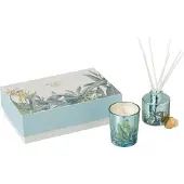 J-Line geschenkset geurkaars + geurstokjes Walk In The Woods - Woody Blush - glas - blauw