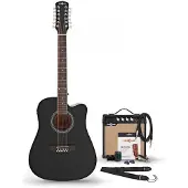 Gear4Music Dreadnought 12 String Electro Acoustic Guitar Black 15W Acoustic Amp & Accessory Pack