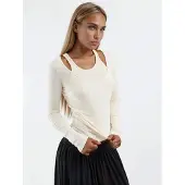 Busem Geribbelde U-Kraag Blouse met Lange Mouwen