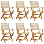 vidaXL Klapstoelen, 6 stuks, beige, van polyrotan en massief hout.