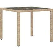 vidaXL Tuintafel met glazen blad 90x90x75 cm poly rattan beige