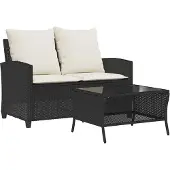 vidaXL Tuinset, 2-zitsbank met kussens en tafel, zwart, polyrotan