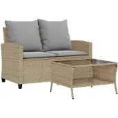 vidaXL Tuinset, 2-zitsbank met kussens en tafel, beige, polyrotan
