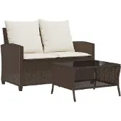 vidaXL Tuinbank 2-zits met kussens & tafel poly rattan bruin