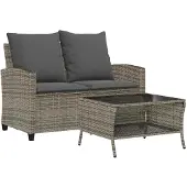 vidaXL Tuinbank 2-zits met kussens & tafel poly rattan grijs