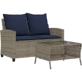 vidaXL Tuinset, 2-zitsbank met kussens en tafel, grijs, polyrotan