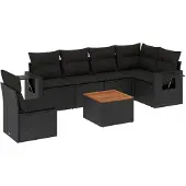 vidaXL 7-delige Loungeset met kussens poly rattan zwart