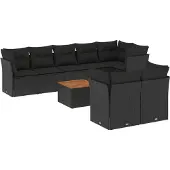 vidaXL 9-delige Loungeset met kussens poly rattan zwart