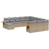 vidaXL 11-delige Tuinset met kussens poly rattan beige