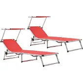vidaXL Opklapbare ligbedden met zonnedak, 2 stuks, aluminium, Textilene, rood