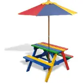 vidaXL Kinderpicknicktafel met banken en parasol hout meerkleurig