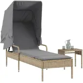 vidaXL Zonnebed met zonnedak en tafel, beige, polyrotan