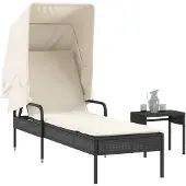 vidaXL Zonnebed met zonnedak en tafel, zwart, polyrotan