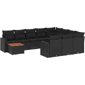 vidaXL 11-delige Loungeset met kussens poly rattan zwart
