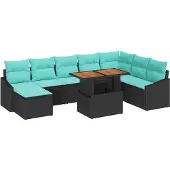vidaXL Tuinbank Set 9 st Zwart en Teal poly rattan