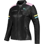 Rusty Stitches Joyce V2 damesmotorfietsjas, leer, zwart/kleurrijk, maat 40