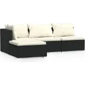 vidaXL 4-delige Loungeset met kussens poly rattan zwart
