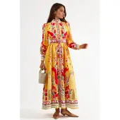 MSN Collection Bloemen Maxi Jurk met Ceintuur