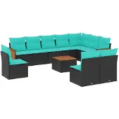 vidaXL 11-delige tuinbankset met kussens, zwart polyrotan