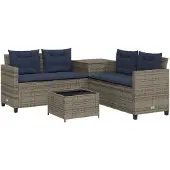 vidaXL Tuinbank met tafel en kussens L-vormig grijs poly rattan