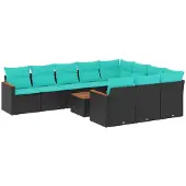 vidaXL 11-delige tuinbankset met kussens, zwart polyrotan