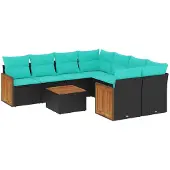 vidaXL 9-delige tuinbankset met kussens van zwart polyrotan