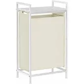 Famanu – Wasmand met plank en waszak, uitschuifbaar en afneembaar, metalen frame, crèmewit