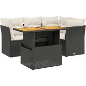 vidaXL 5-delige Loungeset met kussens poly rattan zwart