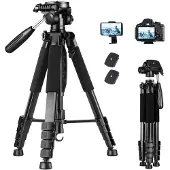 Famanu – Camerastatief 185 cm van aluminium, verstelbaar statief met 3-wegkop en telefoonhouder