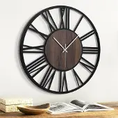Famanu - Grote houten metalen wandklok (donker hout, Roman-20IN)