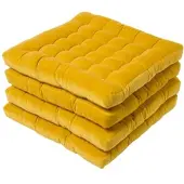 Homescapes stoelkussens – set van 4 zitkussens – fluweel – mosterdgeel – 40x40 cm – met lint – voor eetkamer & buitengebruik