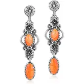 Cavill - Zilveren Oorbellen - 925 Sterling Zilver Geoxideerd - Oranje Stekelige Oester Cabochons 2,34 ct - Boho Lange Bloemvormige Oorbellen