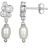 Cavill - Zilveren Oorbellen met 7x5mm Witte Zoetwaterparels - 925 Sterling Zilver Rhodium Pave Zirkonia 0,525 ct - Elegante Dames Oorbellen