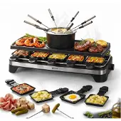 Coock Gourmetstel en Fondue Set 2-in-1 - Raclette voor 8-10 Personen - Inclusief 8 Fonduevorkjes & 10 Pannetjes - 1500W - XL Bakplaat - RVS
