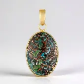 Cavill - Zilveren Hanger - 925 Sterling Zilver Verguld - Venus Chalcedoon Ovaal Cabochon 19,3 Karaat - Balinese Barong Details - Natuursteen Sieraden