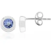 Cavill - Oorstekers 925 Sterling Zilver - Palladium Verguld - 4mm Blauwe Tanzaniet Edelsteen - Ronde Bezel - Moderne Elegante Oorbellen