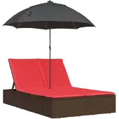 vidaXL Ligbed 2-persoons met kussens en parasol poly rattan bruin