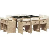 vidaXL 11-delige Tuinset met kussens poly rattan beige