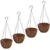 vidaXL Plantenbakken hangend 4 st met kokosbak staal Ø 30x52 cm zwart