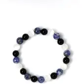 Cavill - Handgemaakte Edelsteenarmband 18 cm - Elastisch - Seleniet, Zwarte Onyx & Blauwe Jaspis - Ronde Kralen - Natuurlijke Energie & Kleurrijke Mix