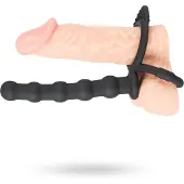 Black Velvets – Siliconen Cock en Ball Ring met Stevige Anale Kralen voor Dubbele Penetratie – 19 cm – Zwart