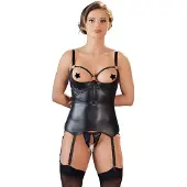 Cottelli Collection – Jarretel Hemd met Open Kruis String Hoogwaardige Uitstraling – Maat XL - Zwart