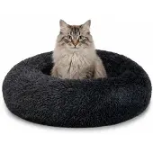 Lionto Donut-bed voor katten, rond met pluche bekleding en antislipbodem, verhoogde rand voor een veilig gevoel, 50 cm diameter, donkergrijs