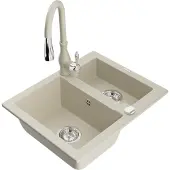 Mexen Carlos granieten gootsteen 1,5-kamer met keukenmengkraan Savita, beige - 6518-69-672601-69