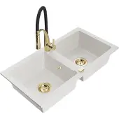 Mexen Mario granieten gootsteen 2-kamer met keukenmengkraan Aster, wit - 6504-20-73450-57-G